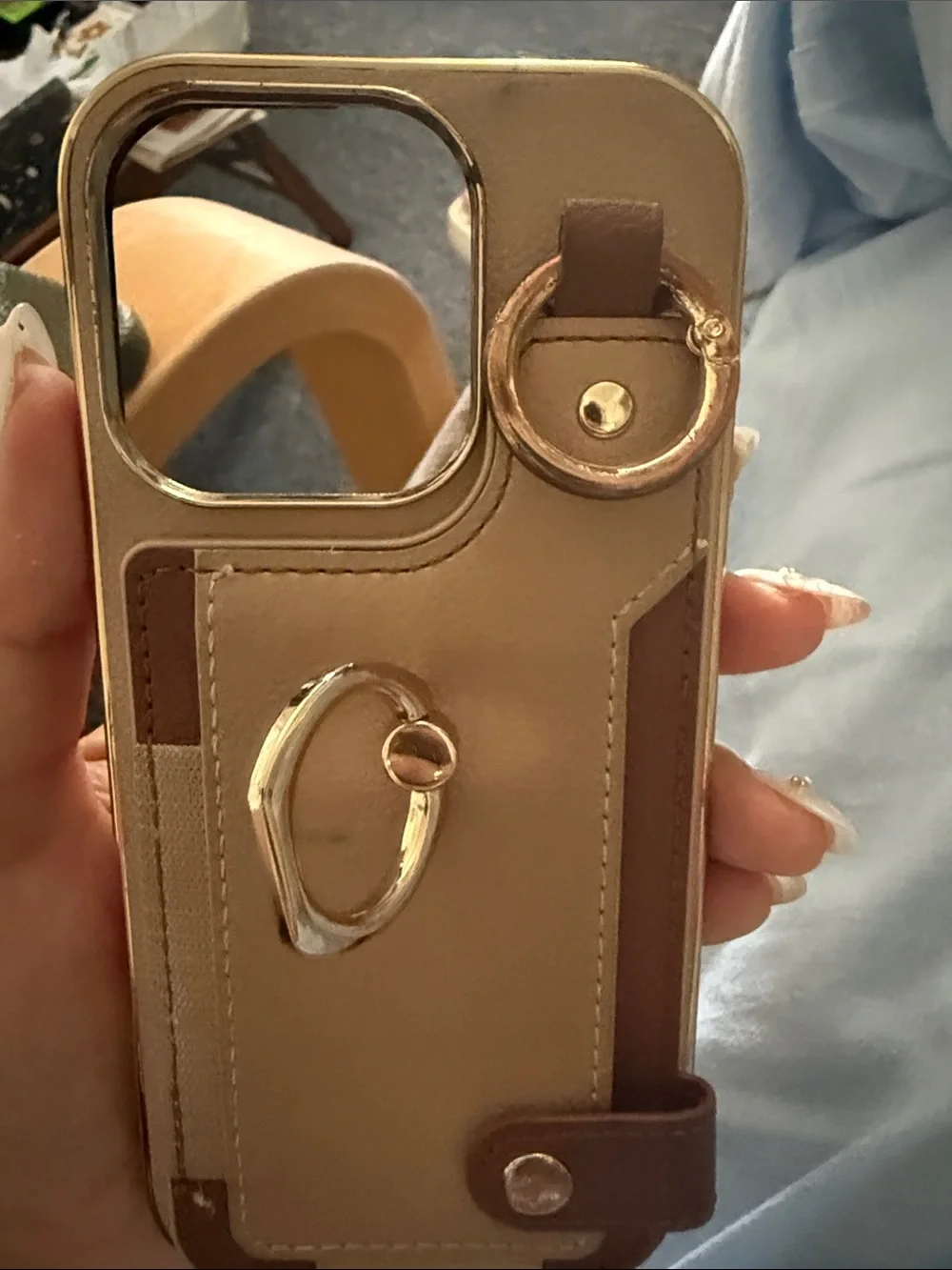Brown Faux Leatherette iPhone 16 Pro Case with Gold Ring Holder